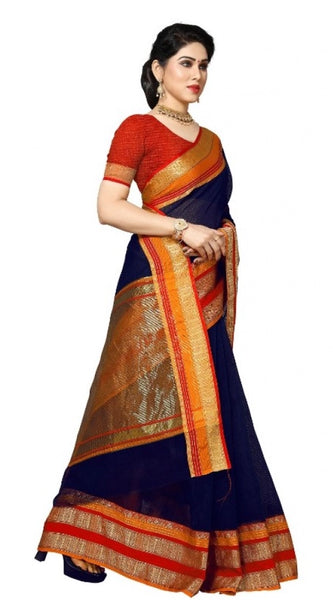 Mayawye Women's Kota Doria Cotton Border Saree With Blouse (Navy Blue, 5-6 Mtrs)