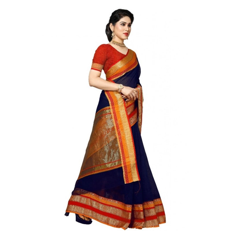 Mayawye Women's Kota Doria Cotton Border Saree With Blouse (Navy Blue, 5-6 Mtrs)