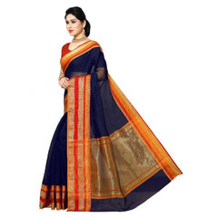 Mayawye Women's Kota Doria Cotton Border Saree With Blouse (Navy Blue, 5-6 Mtrs)