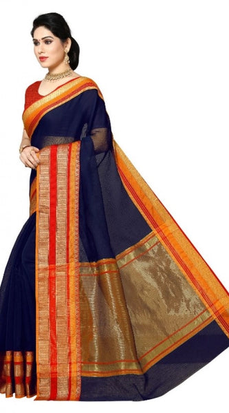 Mayawye Women's Kota Doria Cotton Border Saree With Blouse (Navy Blue, 5-6 Mtrs)