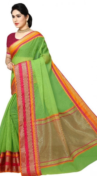 Mayawye Women's Kota Doria Cotton Border Saree With Blouse (Light Green, 5-6 Mtrs)