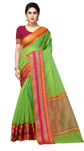 Mayawye Women's Kota Doria Cotton Border Saree With Blouse (Light Green, 5-6 Mtrs)