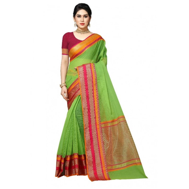 Mayawye Women's Kota Doria Cotton Border Saree With Blouse (Light Green, 5-6 Mtrs)
