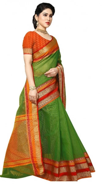 Mayawye Women's Kota Doria Cotton Border Saree With Blouse (Green, 5-6 Mtrs)