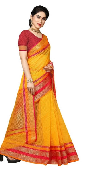 Mayawye Women's Kota Doria Cotton Border Saree With Blouse (Gold, 5-6 Mtrs)