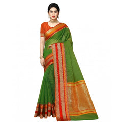 Mayawye Women's Kota Doria Cotton Border Saree With Blouse (Green, 5-6 Mtrs)