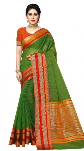 Mayawye Women's Kota Doria Cotton Border Saree With Blouse (Green, 5-6 Mtrs)