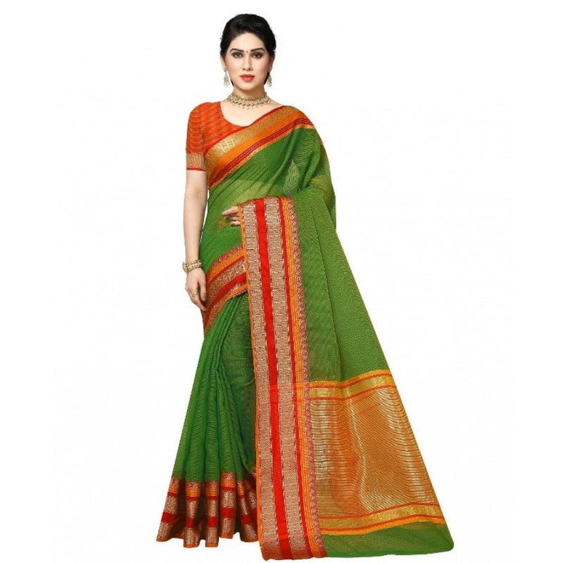 Mayawye Women's Kota Doria Cotton Border Saree With Blouse (Green, 5-6 Mtrs)