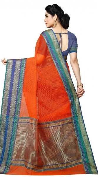 Mayawye Women's Kota Doria Cotton Border Saree With Blouse (Fanta, 5-6 Mtrs)
