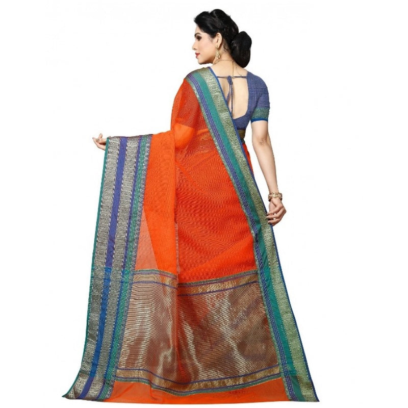Mayawye Women's Kota Doria Cotton Border Saree With Blouse (Fanta, 5-6 Mtrs)