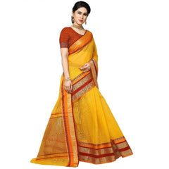 Mayawye Women's Kota Doria Cotton Border Saree With Blouse (Yellow, 5-6 Mtrs)
