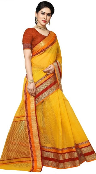 Mayawye Women's Kota Doria Cotton Border Saree With Blouse (Yellow, 5-6 Mtrs)