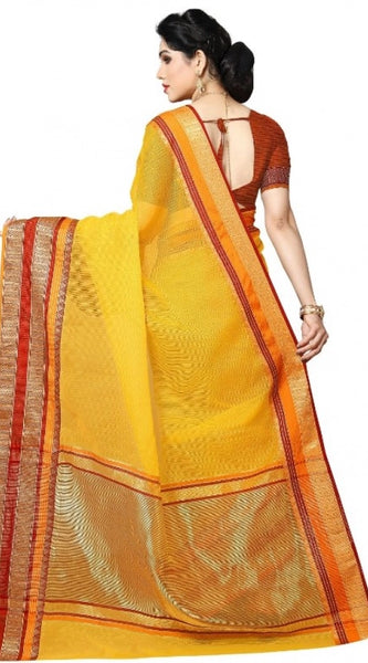 Mayawye Women's Kota Doria Cotton Border Saree With Blouse (Yellow, 5-6 Mtrs)