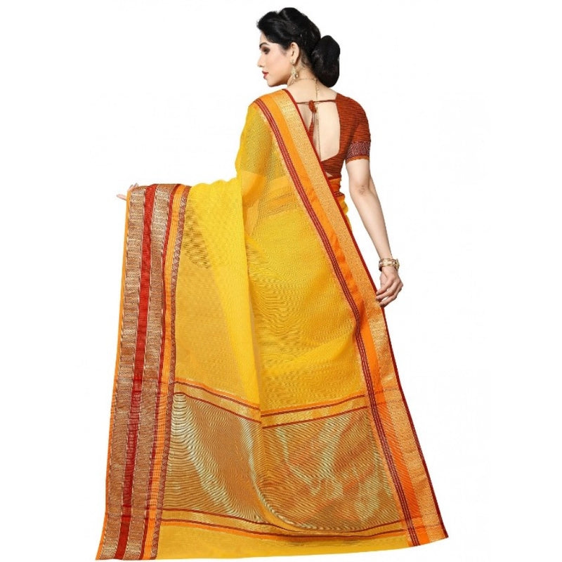 Mayawye Women's Kota Doria Cotton Border Saree With Blouse (Yellow, 5-6 Mtrs)