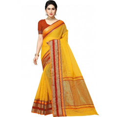Mayawye Women's Kota Doria Cotton Border Saree With Blouse (Yellow, 5-6 Mtrs)
