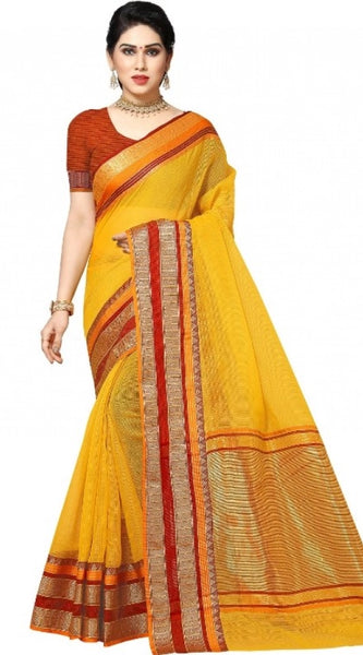 Mayawye Women's Kota Doria Cotton Border Saree With Blouse (Yellow, 5-6 Mtrs)