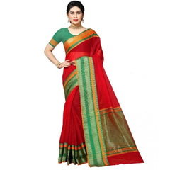 Mayawye Women's Kota Doria Cotton Border Saree With Blouse (Red, 5-6 Mtrs)