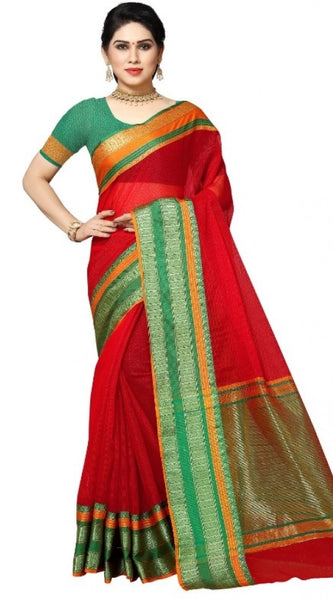 Mayawye Women's Kota Doria Cotton Border Saree With Blouse (Red, 5-6 Mtrs)