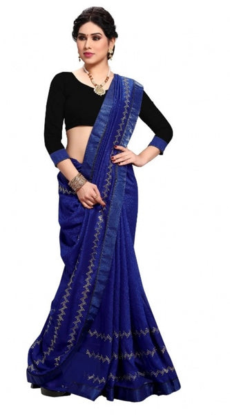 Mayawye Women's Vichitra Silk HotFix Stone Work Saree With Blouse (Blue, 5-6 Mtrs)