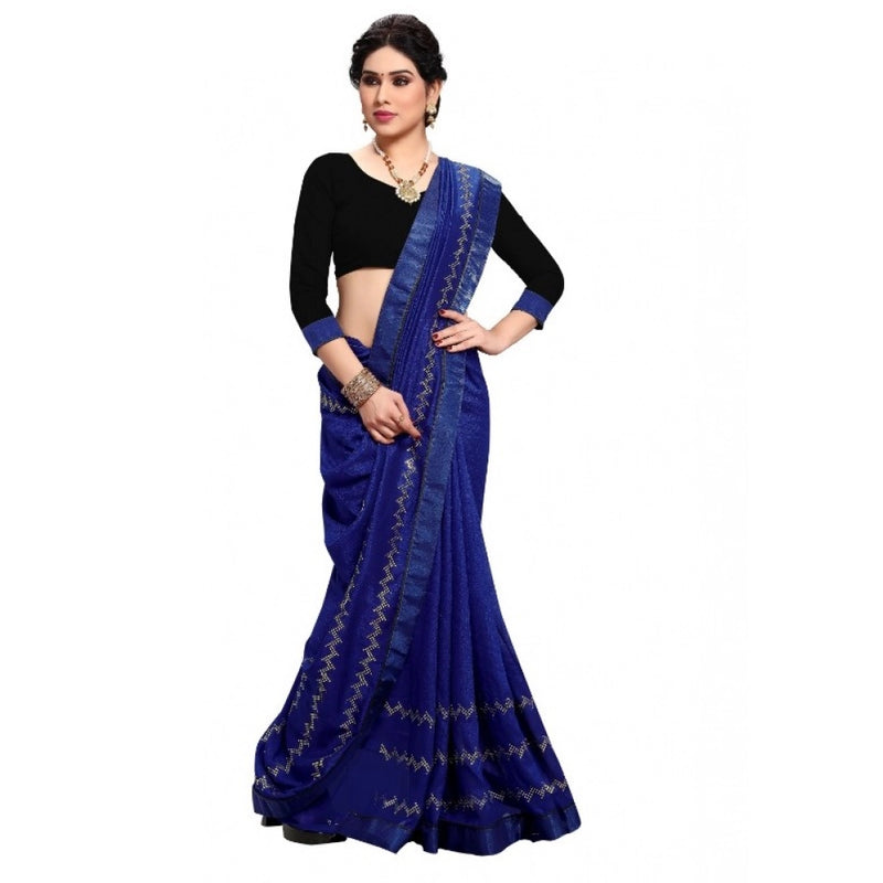 Mayawye Women's Vichitra Silk HotFix Stone Work Saree With Blouse (Blue, 5-6 Mtrs)