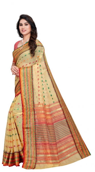 Mayawye Women's Kota Doria Cotton Woven Butta Saree With Blouse (Beige, 5-6 Mtrs)