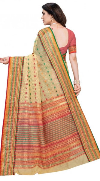 Mayawye Women's Kota Doria Cotton Woven Butta Saree With Blouse (Beige, 5-6 Mtrs)