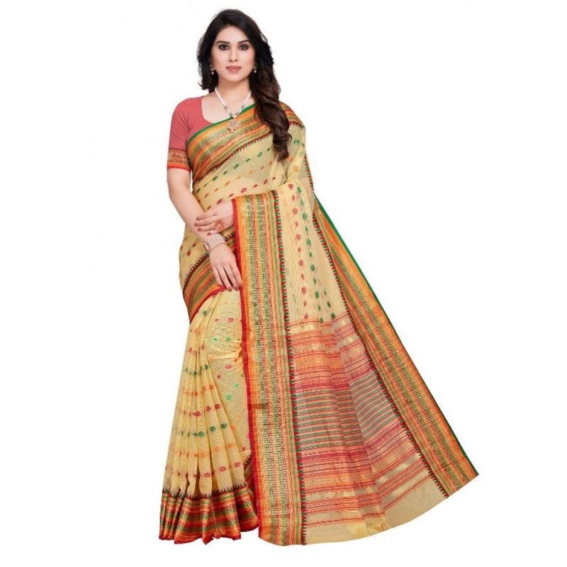 Mayawye Women's Kota Doria Cotton Woven Butta Saree With Blouse (Beige, 5-6 Mtrs)