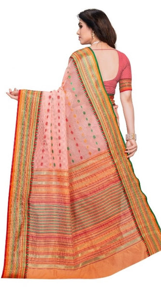 Mayawye Women's Kota Doria Cotton Woven Butta Saree With Blouse (Peach, 5-6 Mtrs)