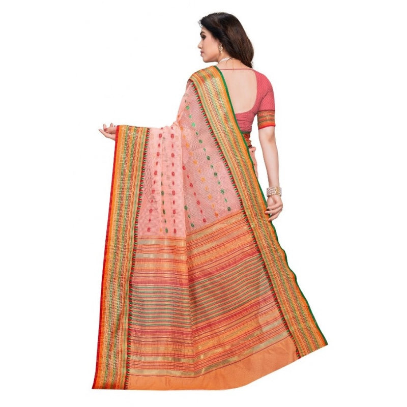 Mayawye Women's Kota Doria Cotton Woven Butta Saree With Blouse (Peach, 5-6 Mtrs)
