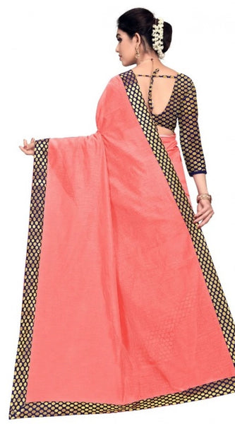 Mayawye Women's Chanderi Cotton Lace Border Saree With Blouse (Peach, 5-6 Mtrs)