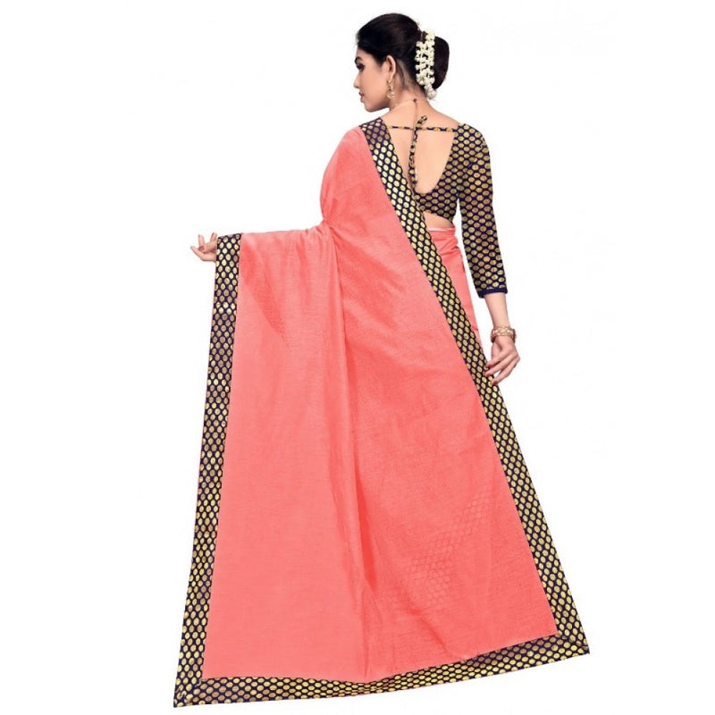 Mayawye Women's Chanderi Cotton Lace Border Saree With Blouse (Peach, 5-6 Mtrs)