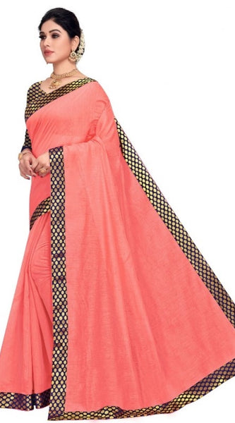 Mayawye Women's Chanderi Cotton Lace Border Saree With Blouse (Peach, 5-6 Mtrs)