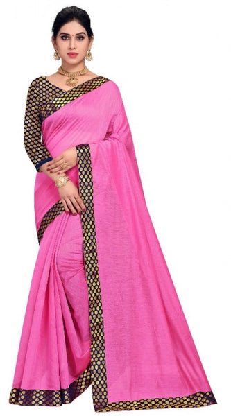 Mayawye Women's Chanderi Cotton Lace Border Saree With Blouse (Pink, 5-6 Mtrs)