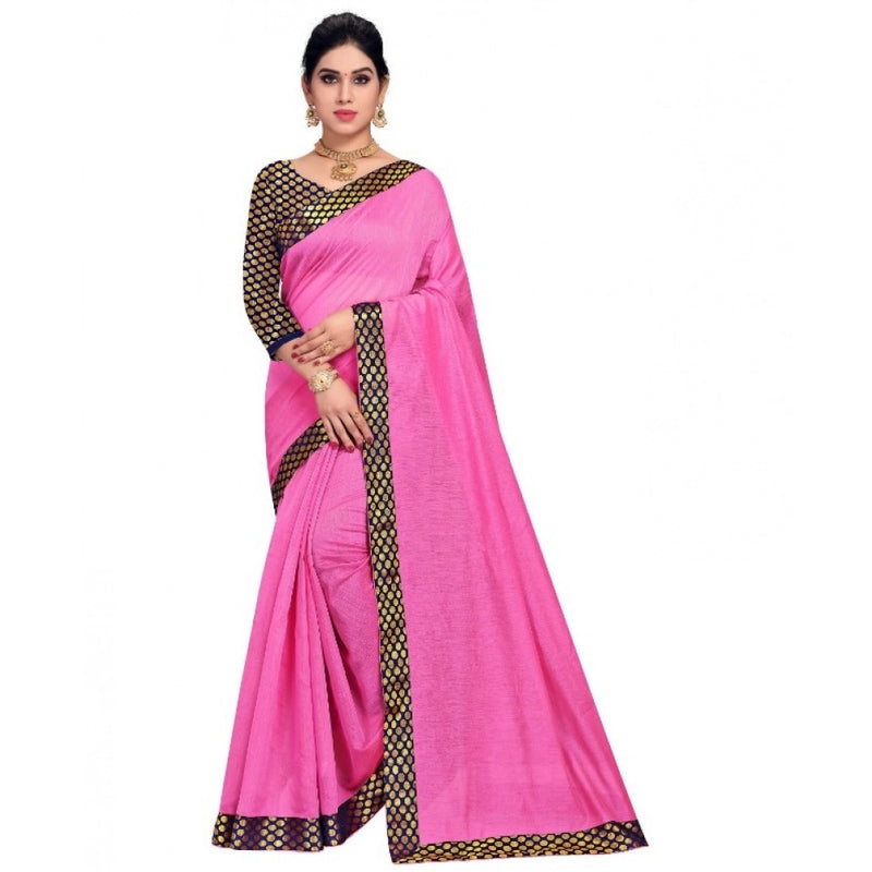 Mayawye Women's Chanderi Cotton Lace Border Saree With Blouse (Pink, 5-6 Mtrs)