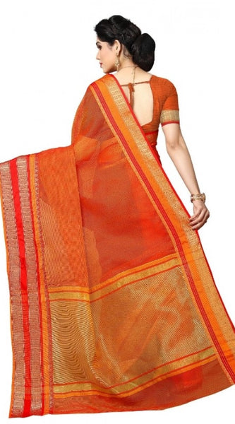 Mayawye Women's Kota Doria Cotton Border Saree With Blouse (Orange, 5-6 Mtrs)
