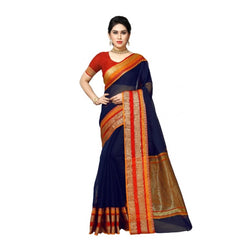 Mayawye Women's Kota Doria Cotton Border Saree With Blouse (Navy Blue, 5-6 Mtrs)