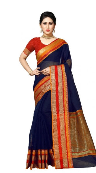 Mayawye Women's Kota Doria Cotton Border Saree With Blouse (Navy Blue, 5-6 Mtrs)