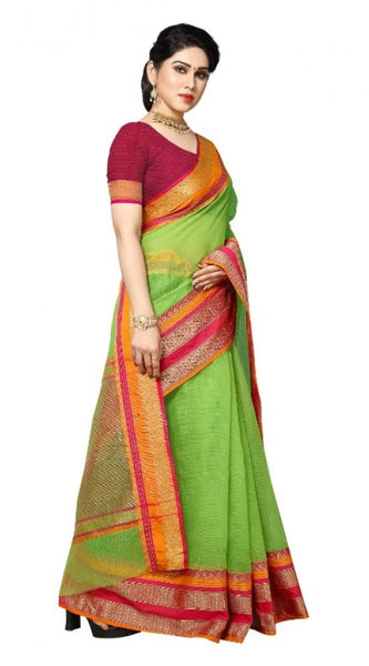 Mayawye Women's Kota Doria Cotton Border Saree With Blouse (Light Green, 5-6 Mtrs)