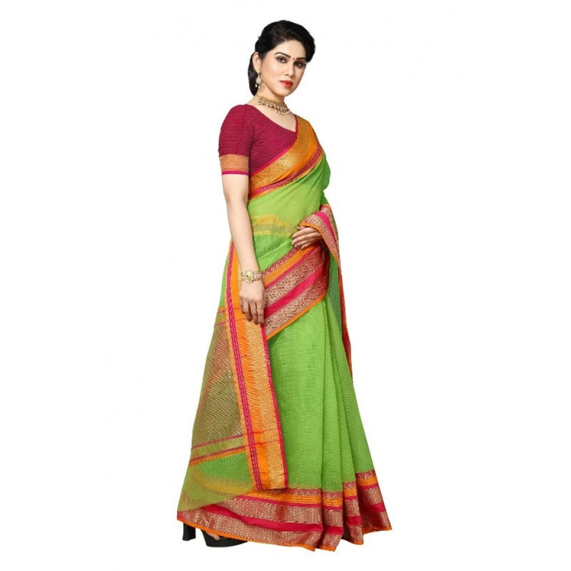 Mayawye Women's Kota Doria Cotton Border Saree With Blouse (Light Green, 5-6 Mtrs)