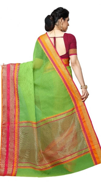 Mayawye Women's Kota Doria Cotton Border Saree With Blouse (Light Green, 5-6 Mtrs)