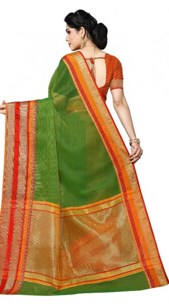 Mayawye Women's Kota Doria Cotton Border Saree With Blouse (Green, 5-6 Mtrs)