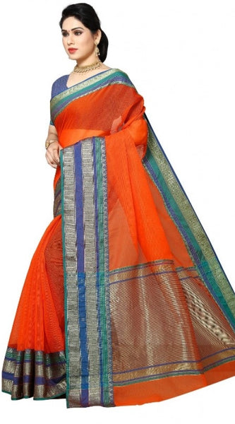 Mayawye Women's Kota Doria Cotton Border Saree With Blouse (Fanta, 5-6 Mtrs)