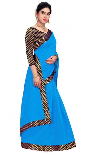 Mayawye Women's Chanderi Cotton Lace Border Saree With Blouse (Sky Blue, 5-6 Mtrs)