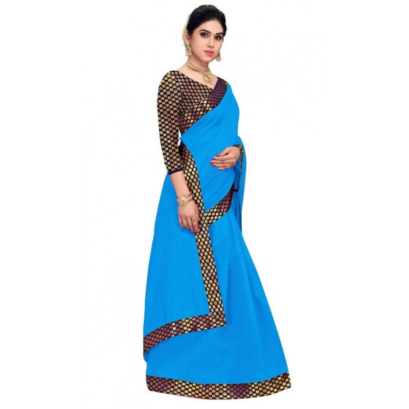 Mayawye Women's Chanderi Cotton Lace Border Saree With Blouse (Sky Blue, 5-6 Mtrs)