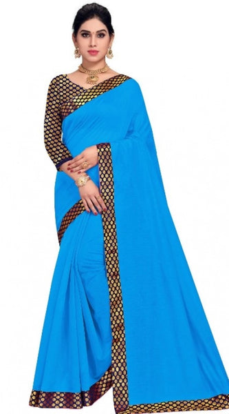 Mayawye Women's Chanderi Cotton Lace Border Saree With Blouse (Sky Blue, 5-6 Mtrs)