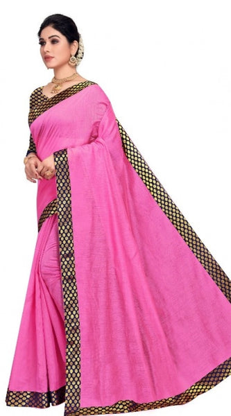 Mayawye Women's Chanderi Cotton Lace Border Saree With Blouse (Pink, 5-6 Mtrs)