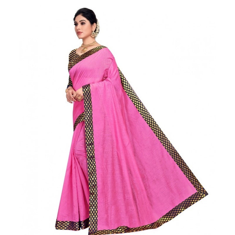 Mayawye Women's Chanderi Cotton Lace Border Saree With Blouse (Pink, 5-6 Mtrs)