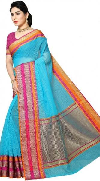 Mayawye Women's Kota Doria Cotton Border Saree With Blouse (Sky Blue, 5-6 Mtrs)