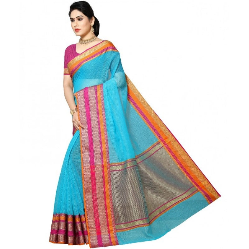 Mayawye Women's Kota Doria Cotton Border Saree With Blouse (Sky Blue, 5-6 Mtrs)