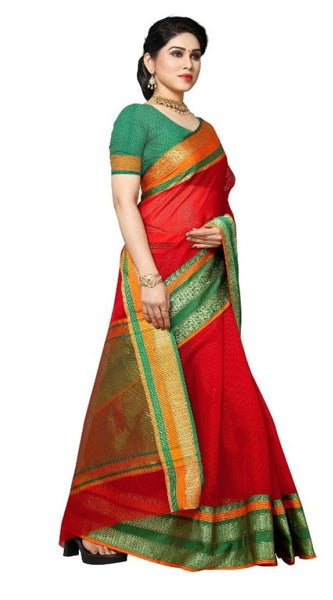 Mayawye Women's Kota Doria Cotton Border Saree With Blouse (Red, 5-6 Mtrs)